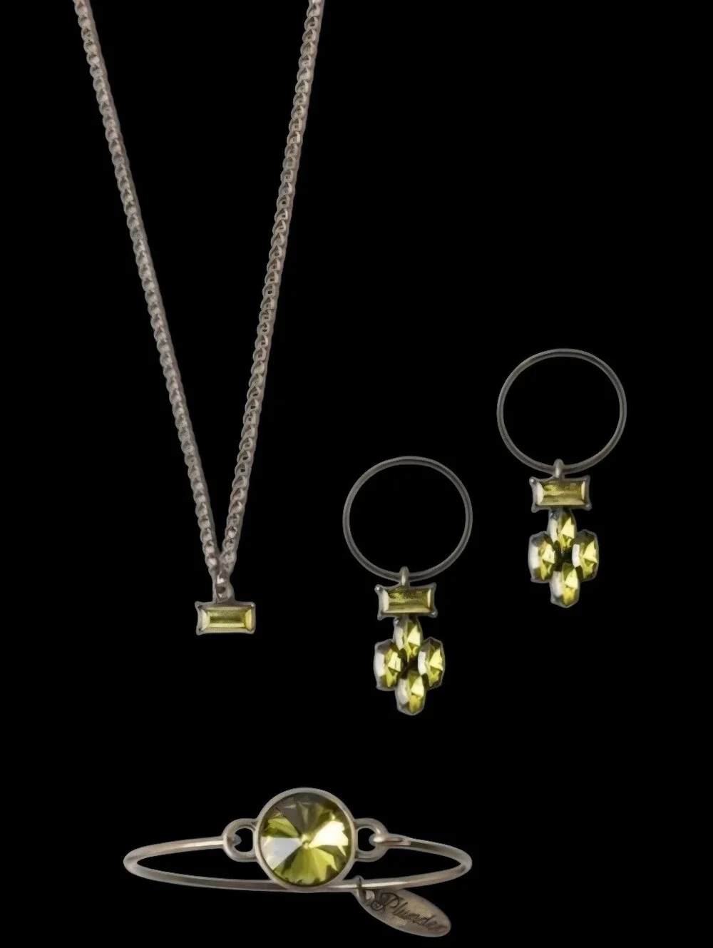 Bronze-Tone Jewelry Set with Olivine Green Crystals -3 PC Set